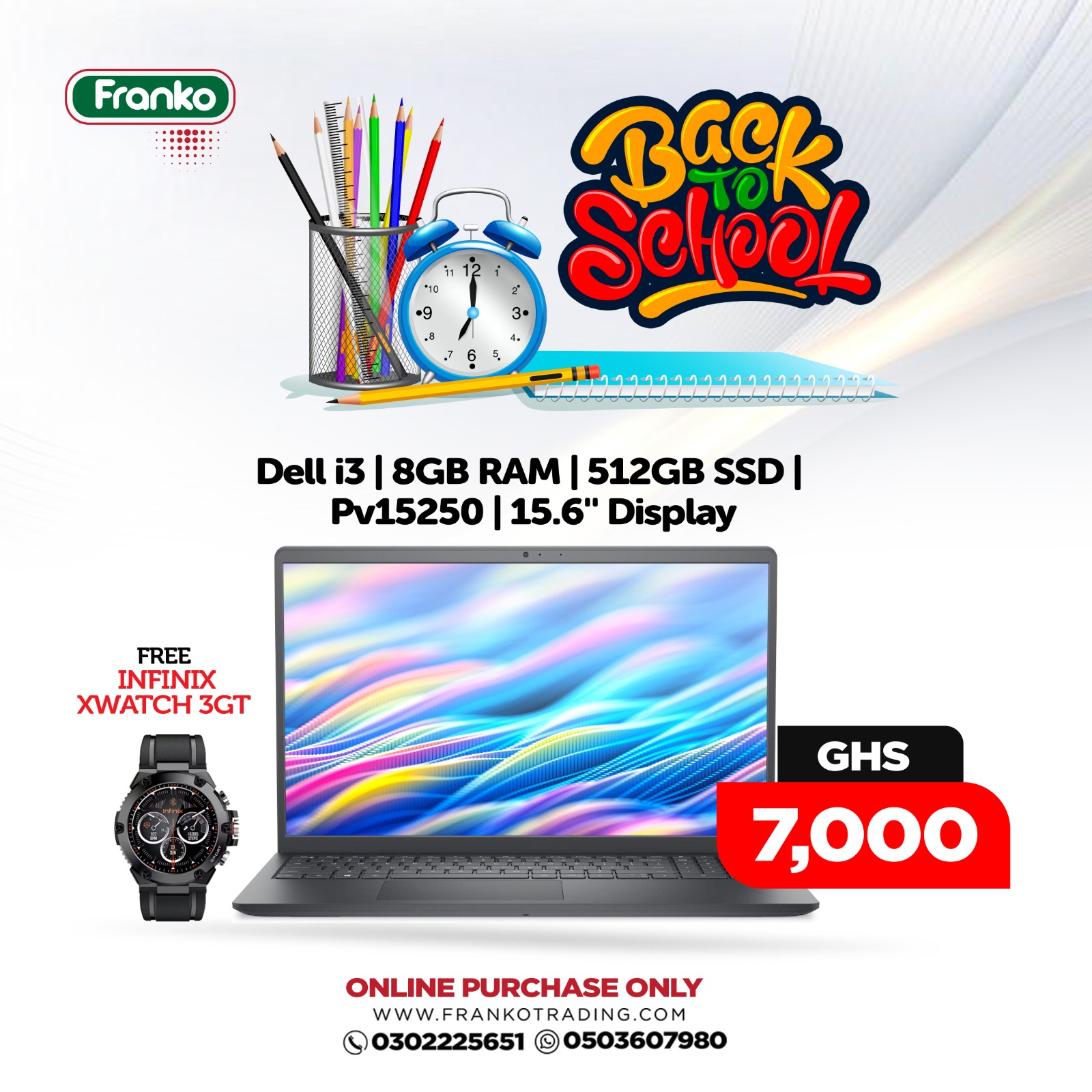 Dell i3 | 8GB RAM | 512GB SSD | Pv15250 | 15.6" Display-Plus Infinix Xwatch 3GT